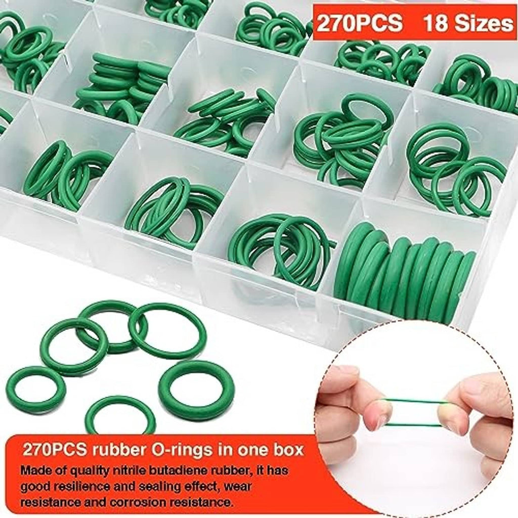 Clear organizer box filled with green rubber A/C O-ring seals