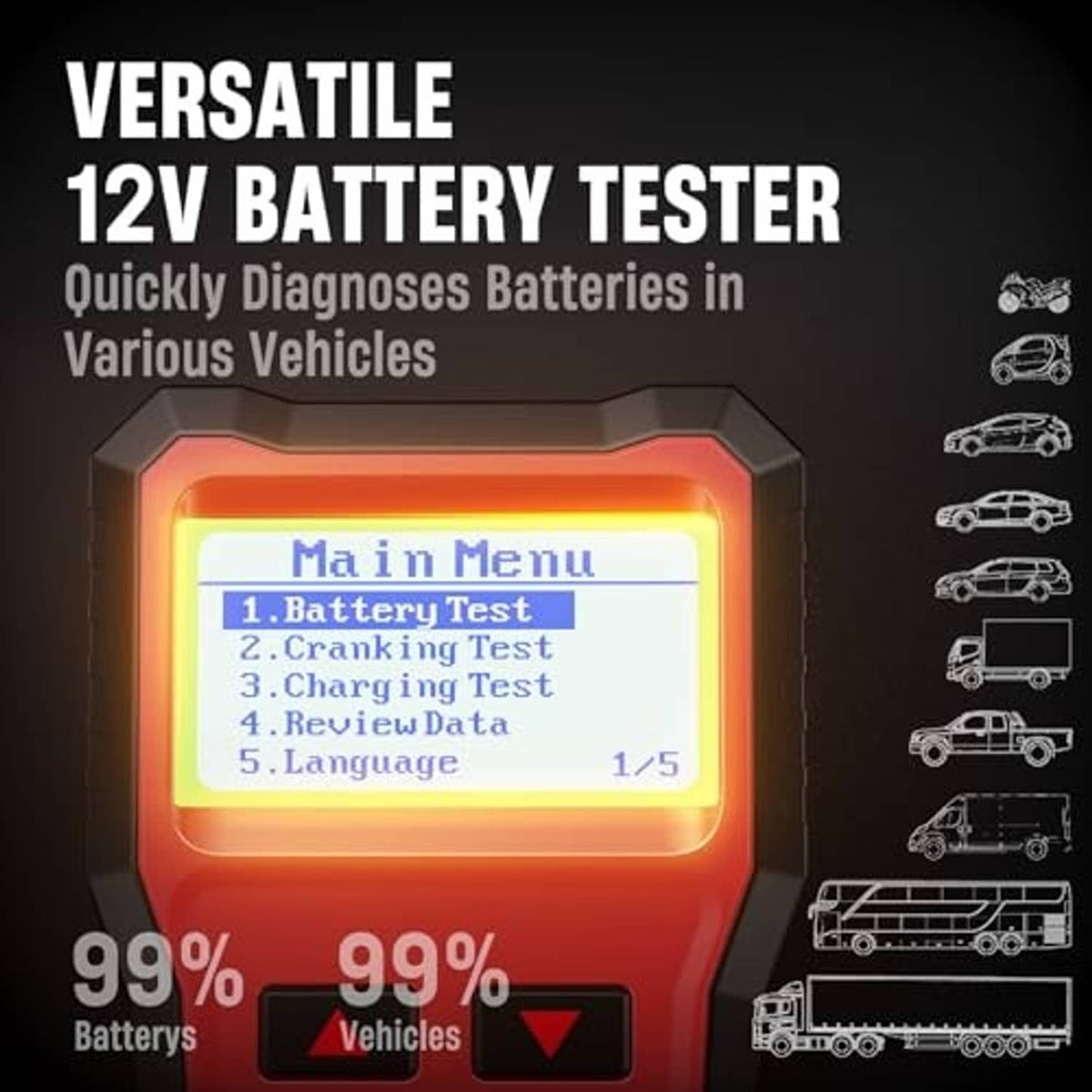Front view 12V battery tester with glowing LCD menu screen and navigation buttons