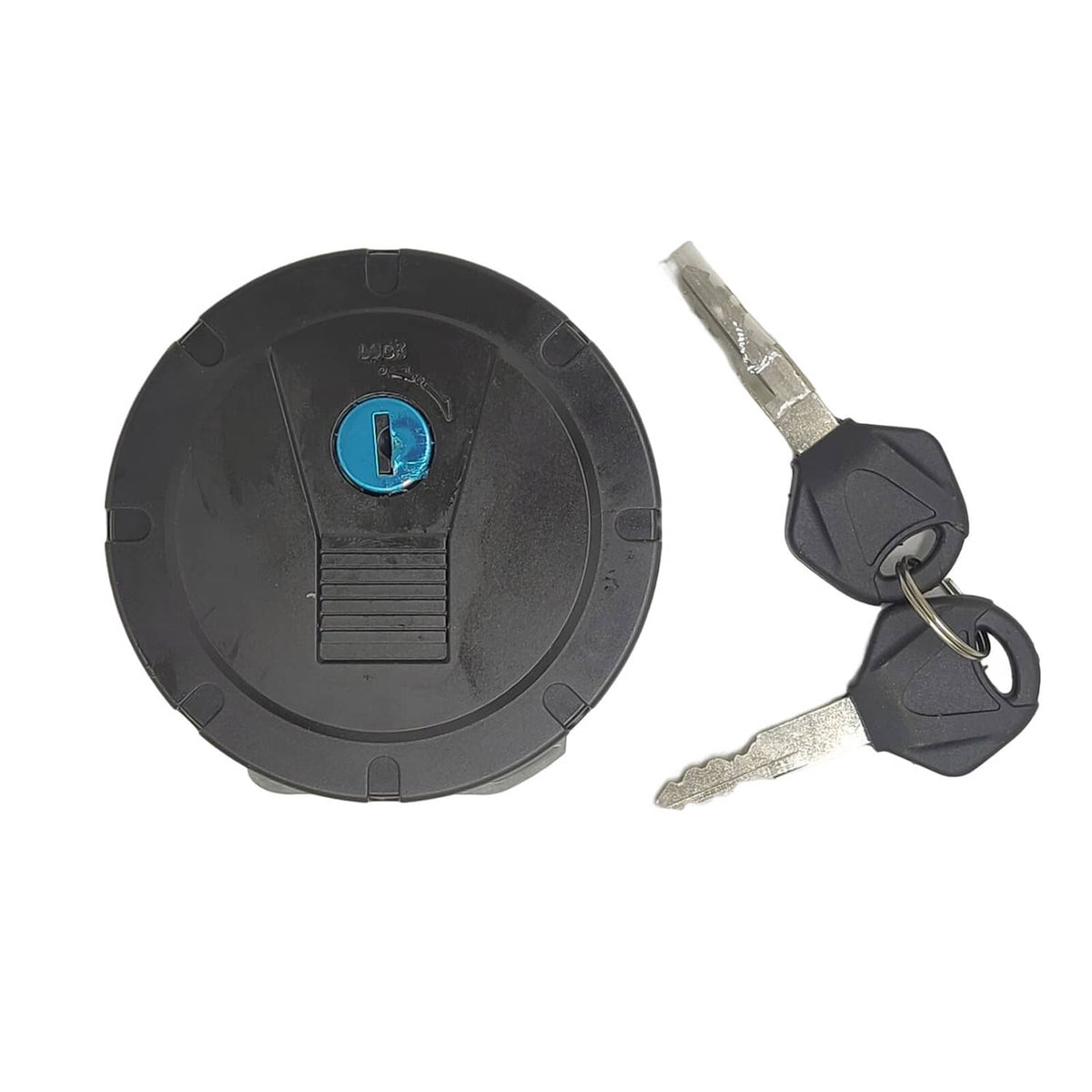 Black fuel tank cap lock cover with blue key cylinder and key pair