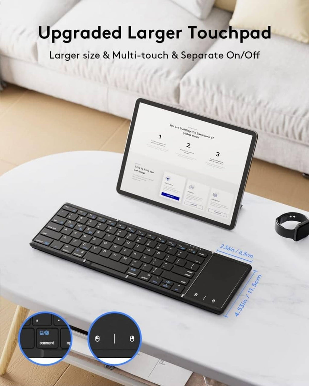 Black keyboard with large touchpad area and multi-touch buttons, foldable design