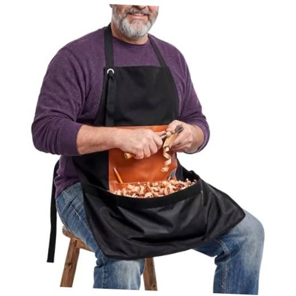 Woodworking carving apron, black with orange chip-catching pocket and waist ties
