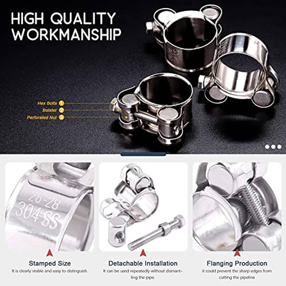 Stainless steel T-bolt hose clamp pack with hex bolts and detachable hardware