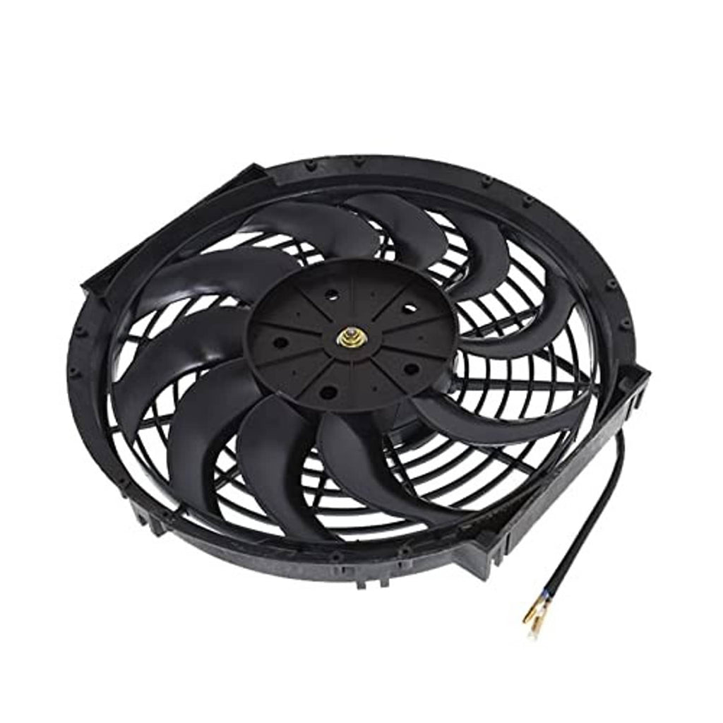 Black electric radiator cooling fan with protective grille and power lead
