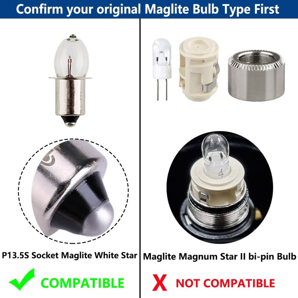 LED flashlight bulb with P13.5S base, wire pins, and removable socket parts