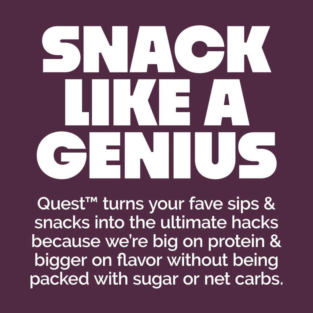 Promotional snack graphic: "SNACK LIKE A GENIUS" with Quest protein message