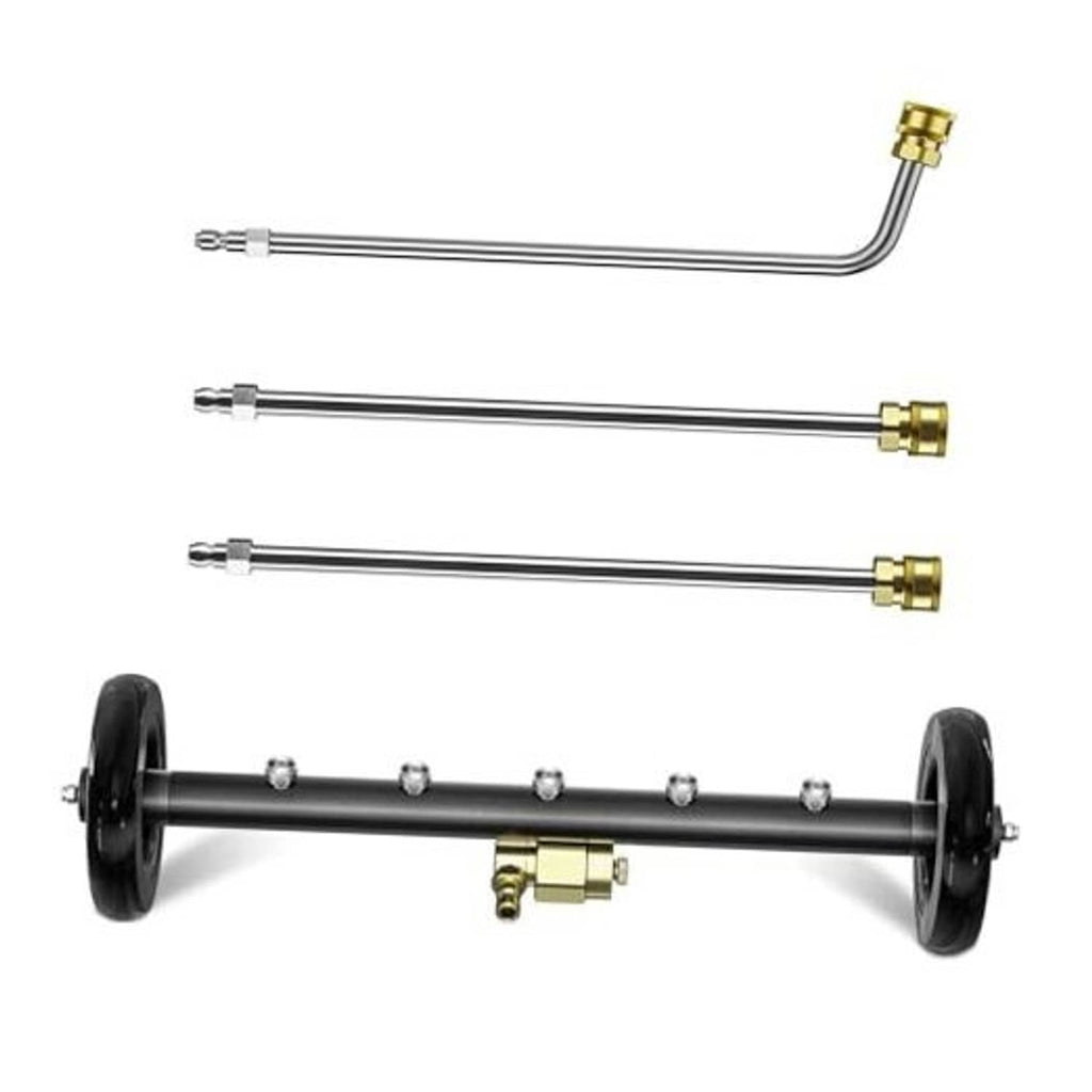 18-inch undercarriage pressure washer cleaner bar with black wheels and gold nozzle fittings