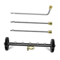 18-inch undercarriage pressure washer cleaner bar with black wheels and gold nozzle fittings