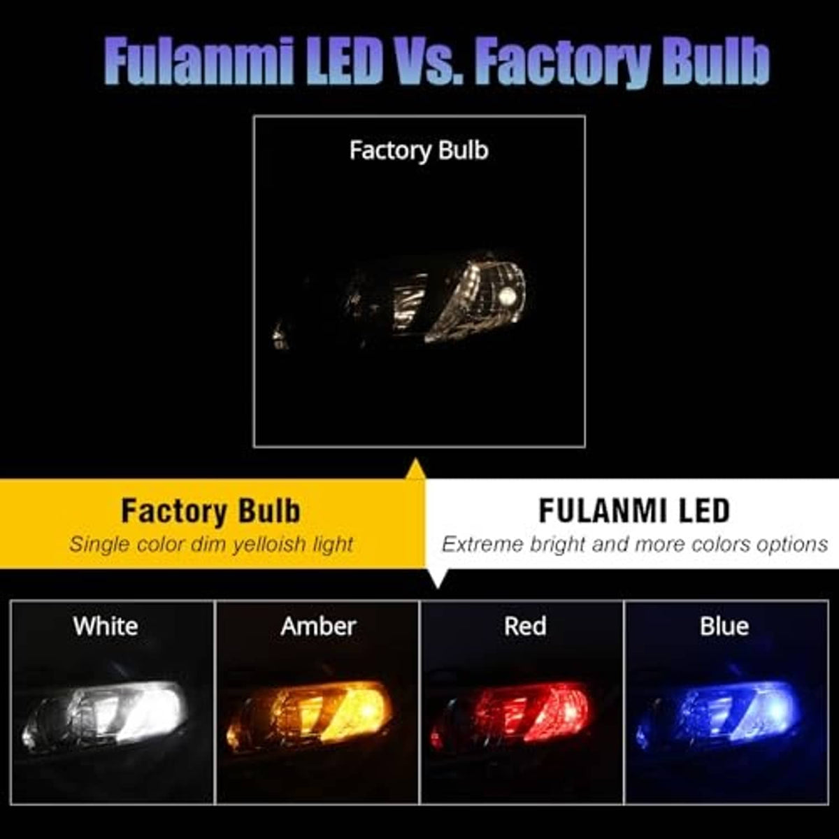 Red T10 wedge LED bulb in a color comparison lineup, shown glowing red