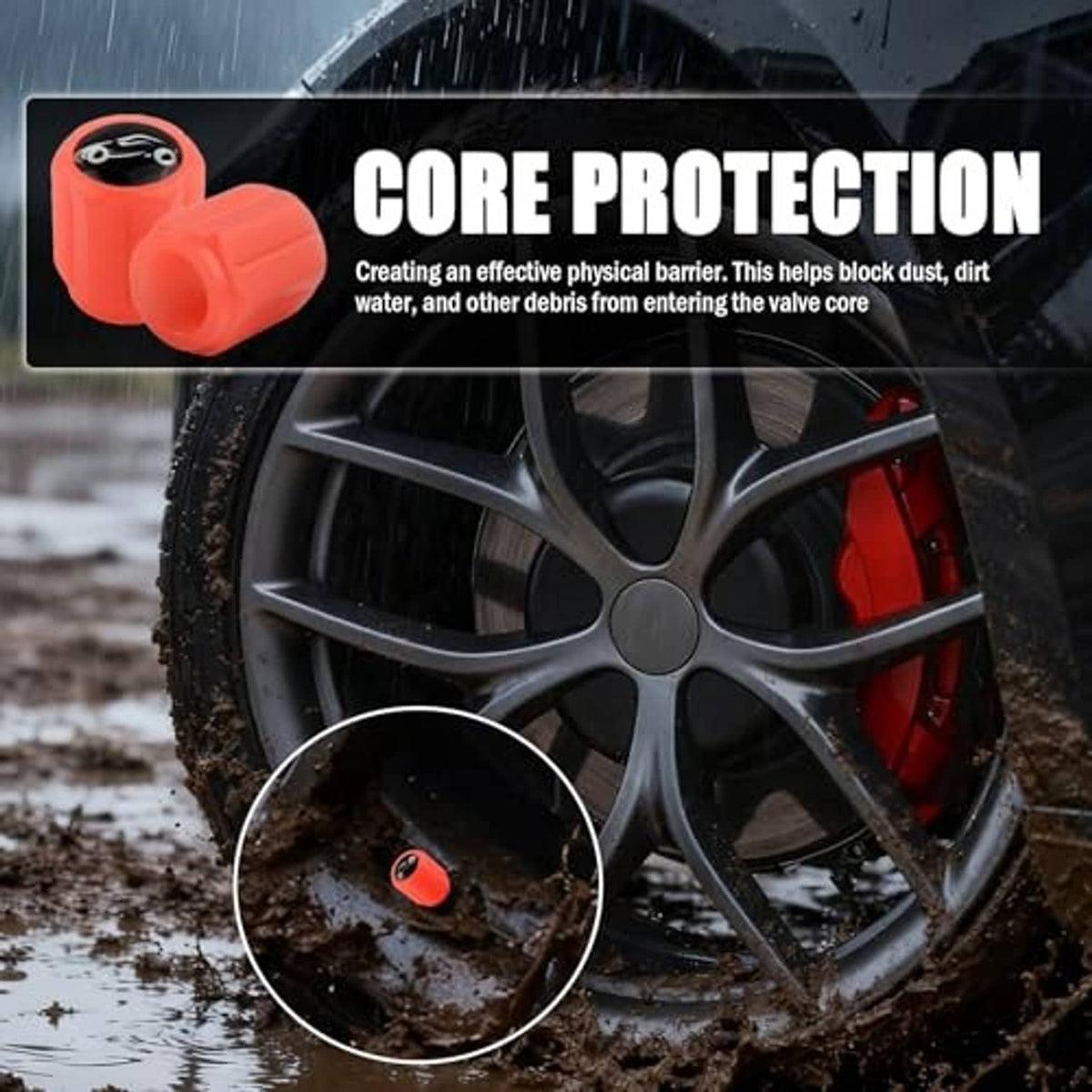 Orange fluorescent tire valve cap covering valve stem area on a black alloy wheel