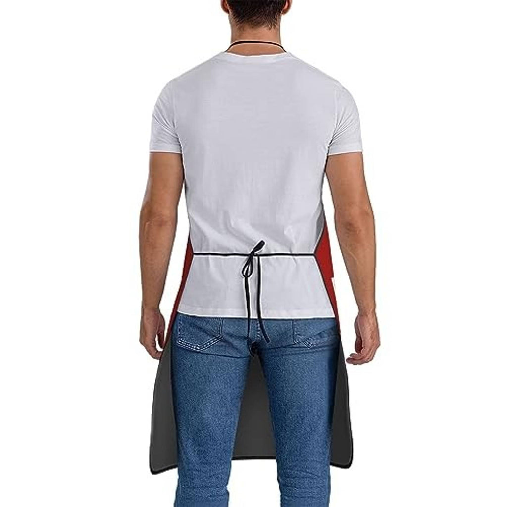 Back view of red apron with black drawstring at waist and black side ties.