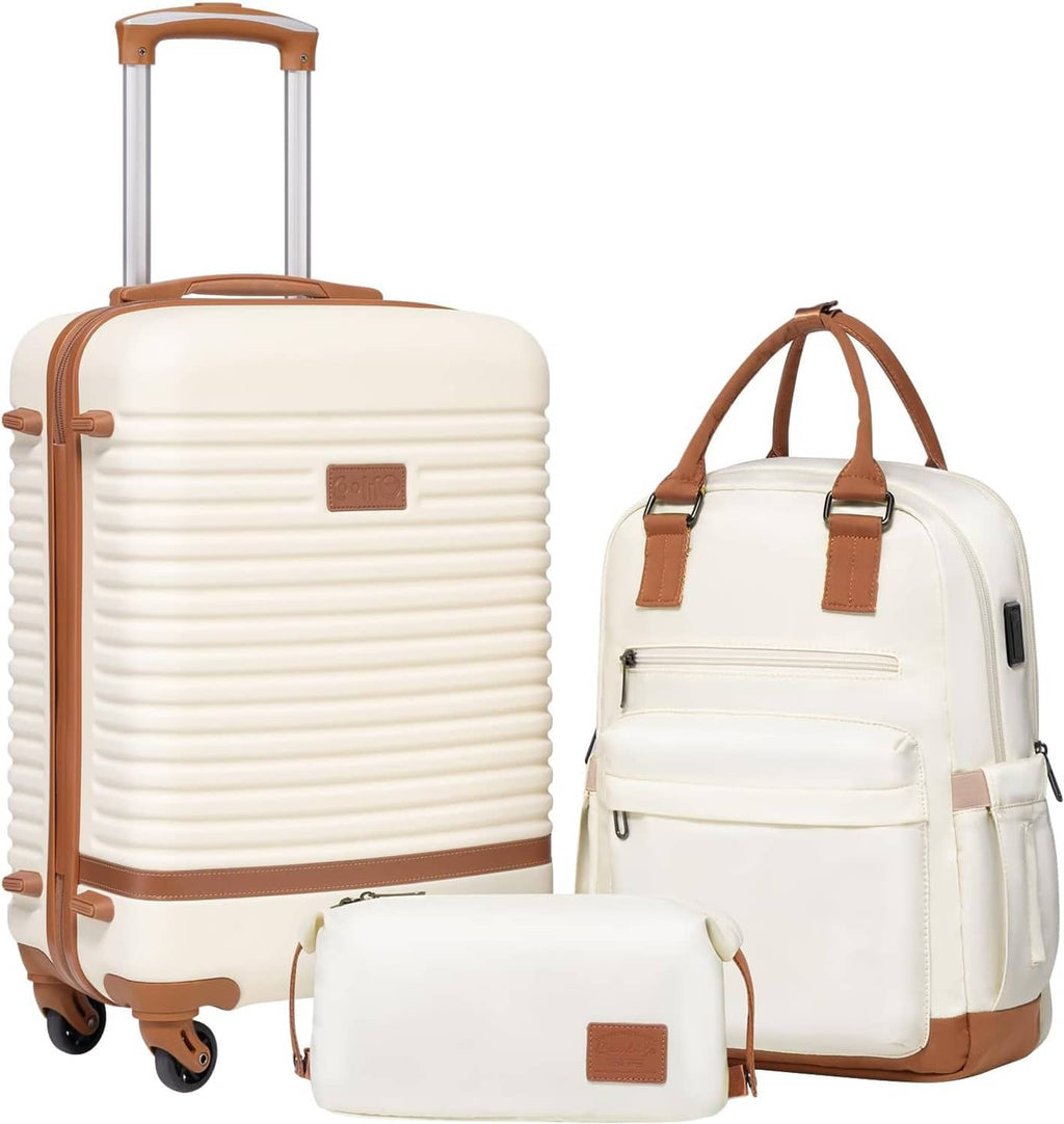 3-piece luggage set in cream with tan accents: spinner suitcase, backpack, and zip pouch.