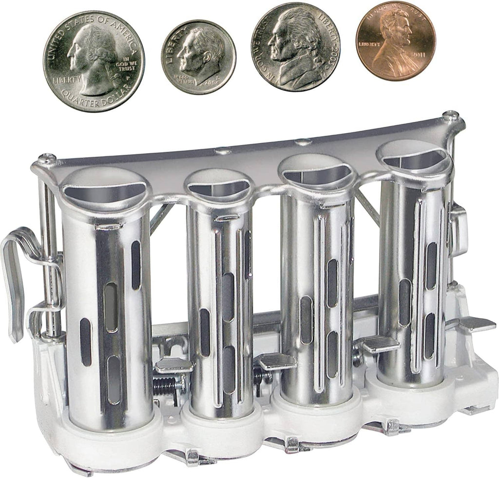 Four-barrel money changer with four chrome coin tubes and four US coins on top