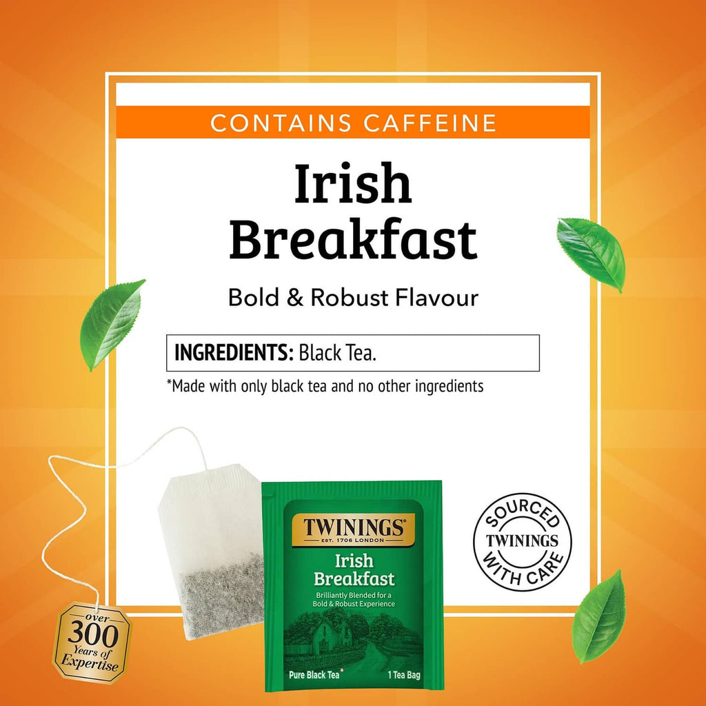 Twinings Irish Breakfast tea pack front showing Contains Caffeine and ingredients: black tea