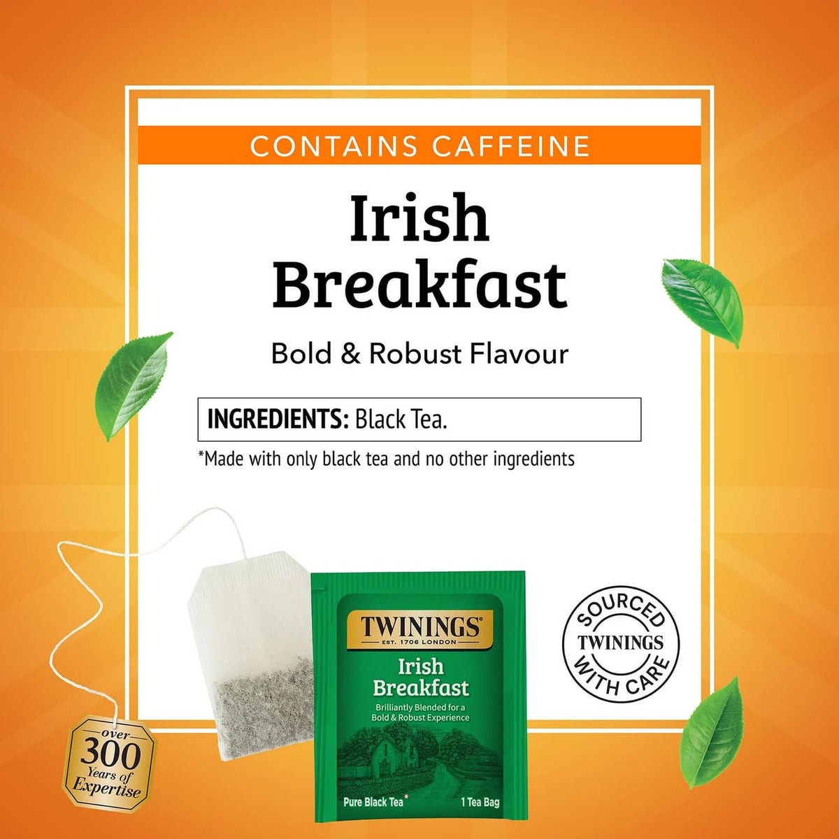 Twinings Irish Breakfast tea pack front showing Contains Caffeine and ingredients: black tea