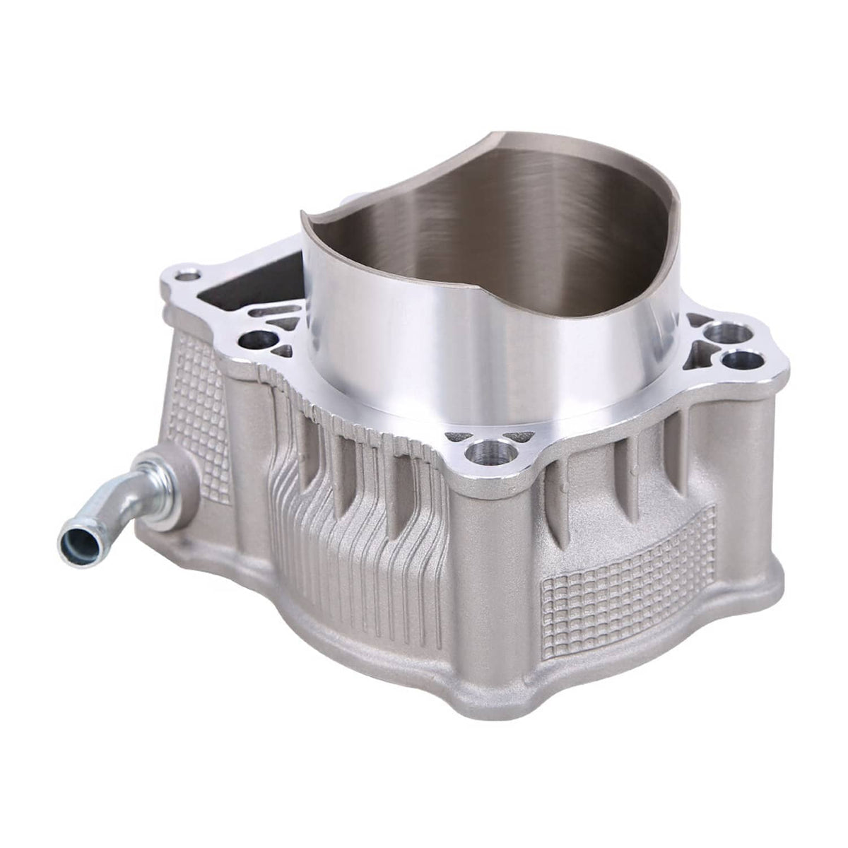 Motorcycle metal cylinder block with finned housing and side mounting ports