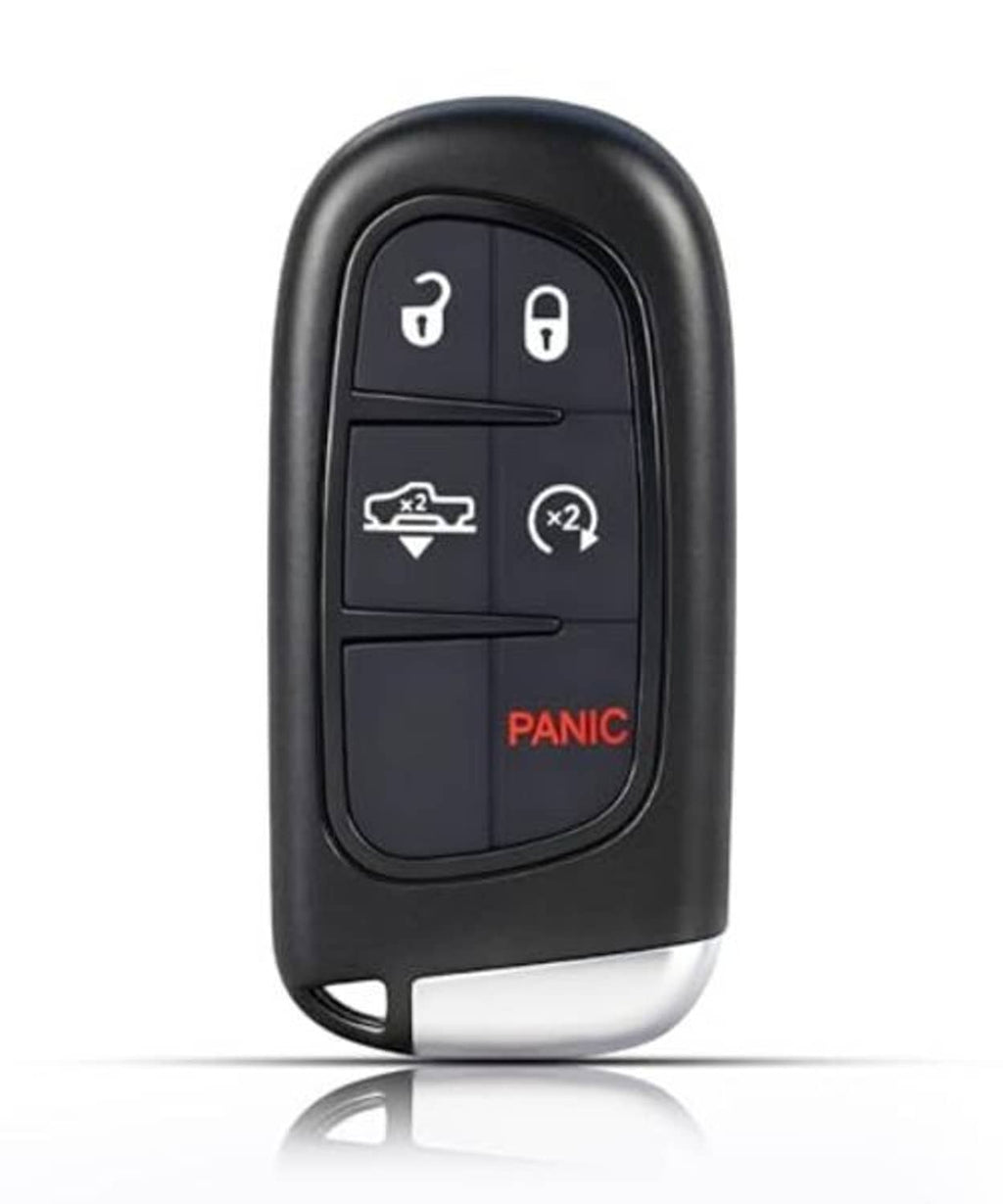 Black keyless entry remote fob with lock, unlock, panic, and remote icons