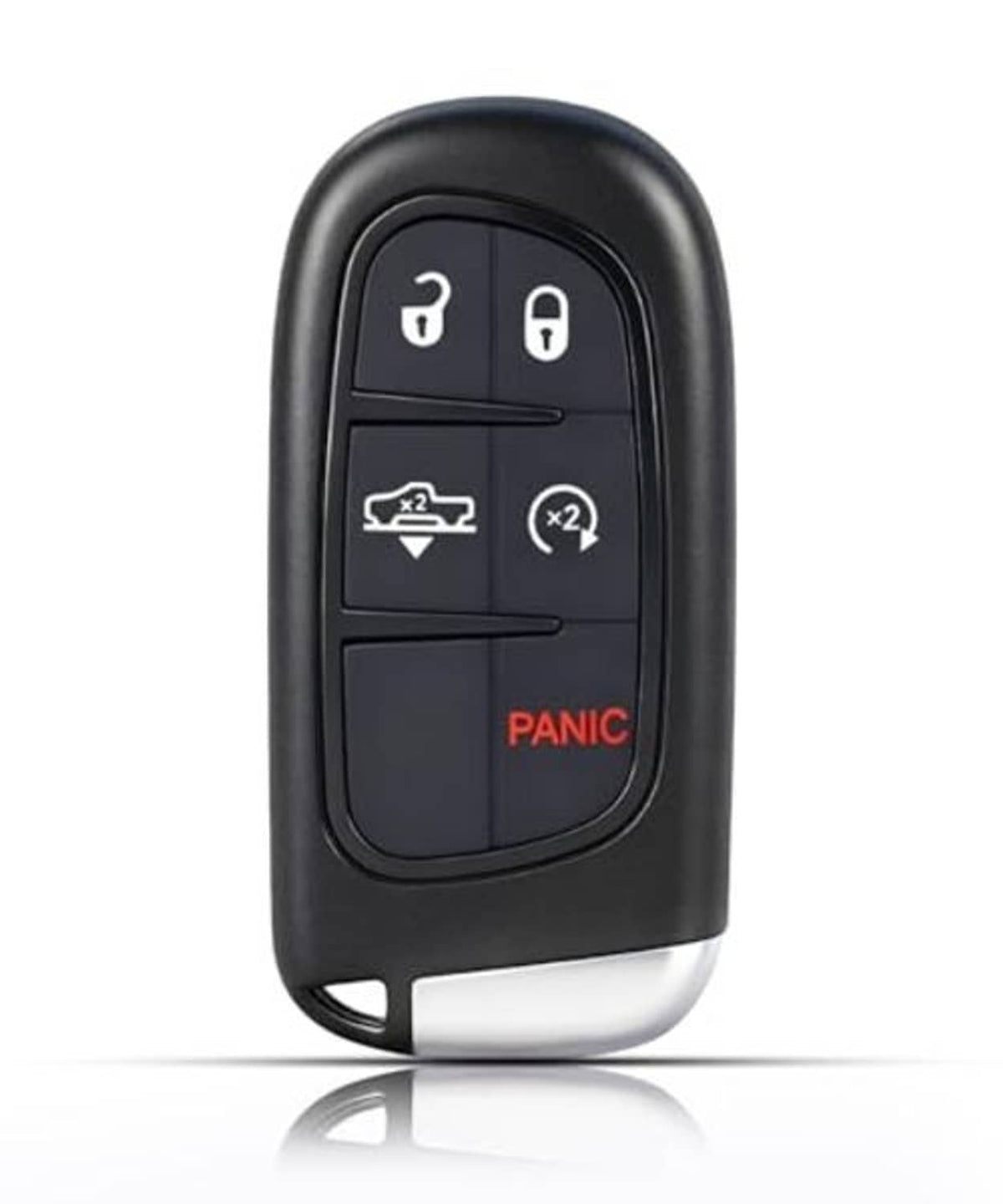 Black keyless entry remote fob with lock, unlock, panic, and remote icons
