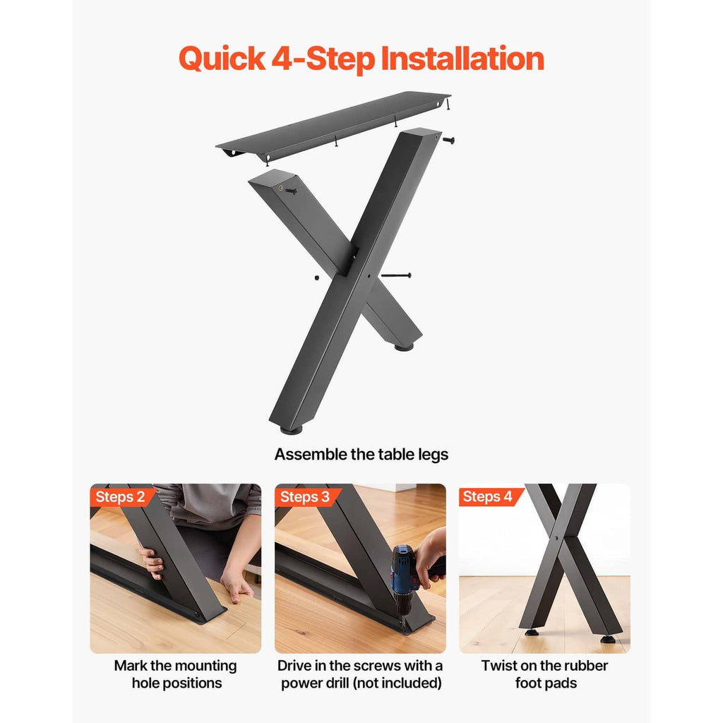 Black X-frame table legs ready for quick 4-step assembly; rubber pads at bottom.