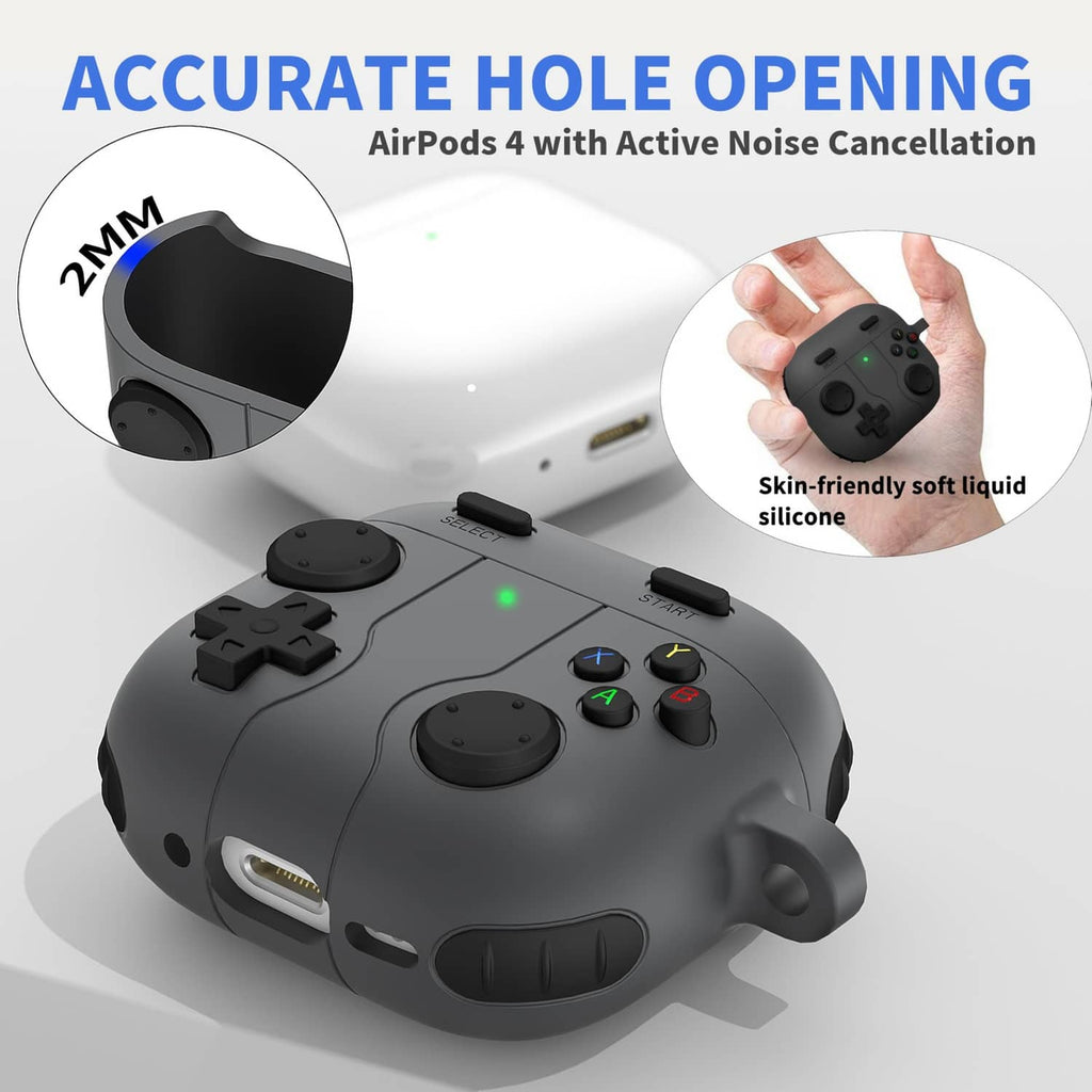 Black controller-style AirPods 4 case with charging port opening and button layout