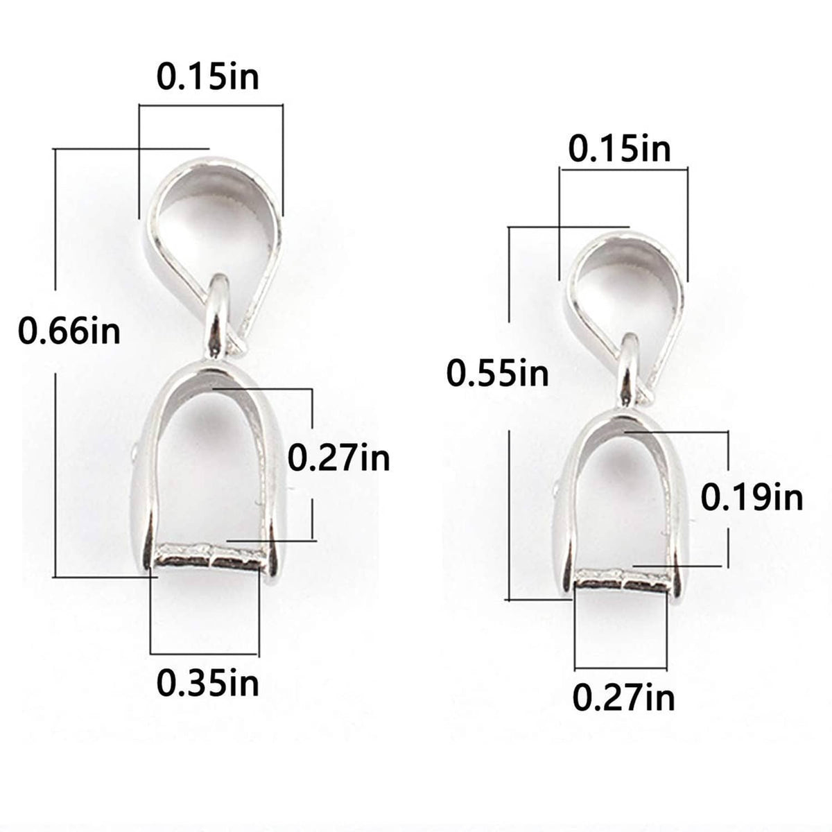 Sterling silver pendant bail connector size diagram with 0.66in height and 0.35in base
