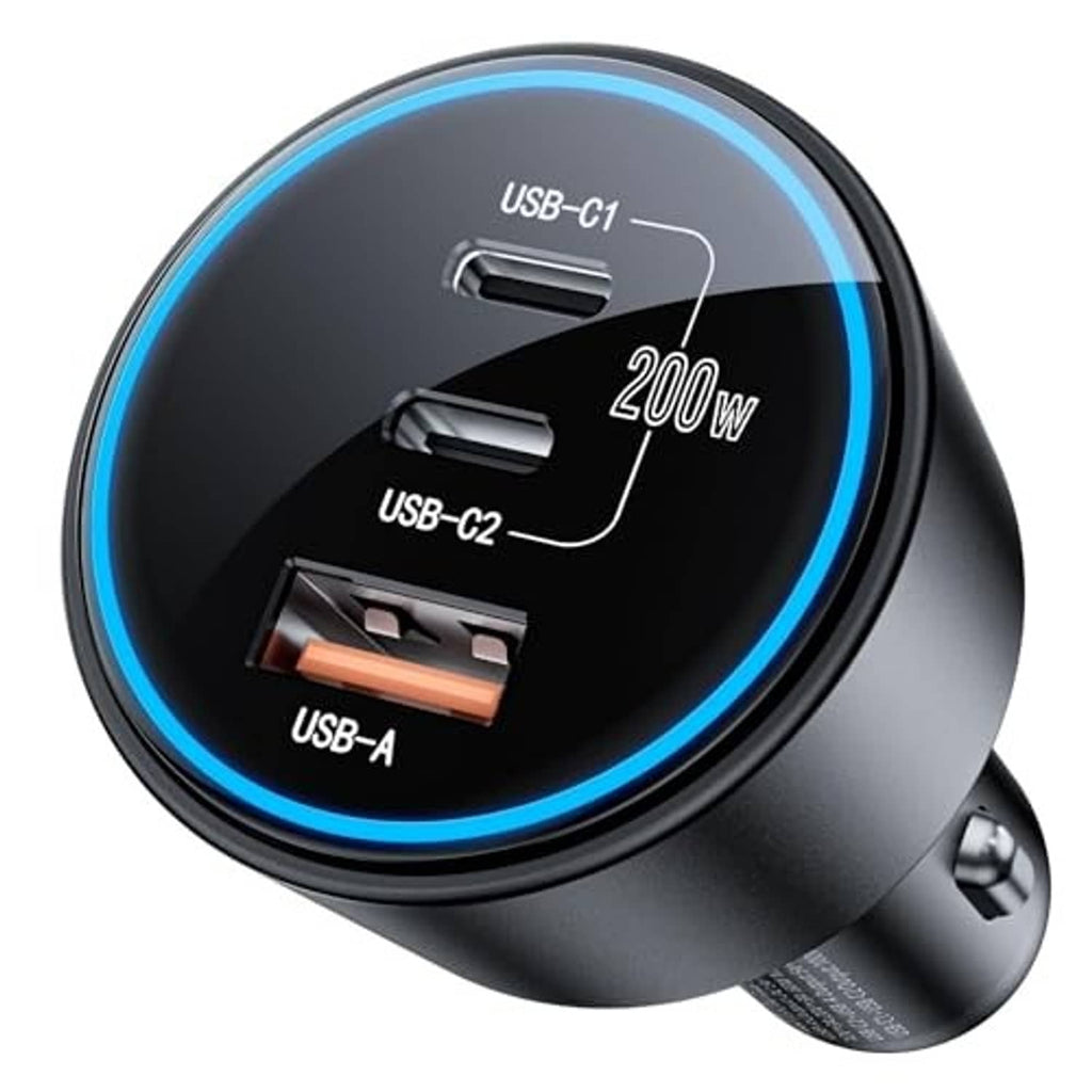 Front view of black 200W car charger showing USB-C1, USB-C2, and USB-A ports