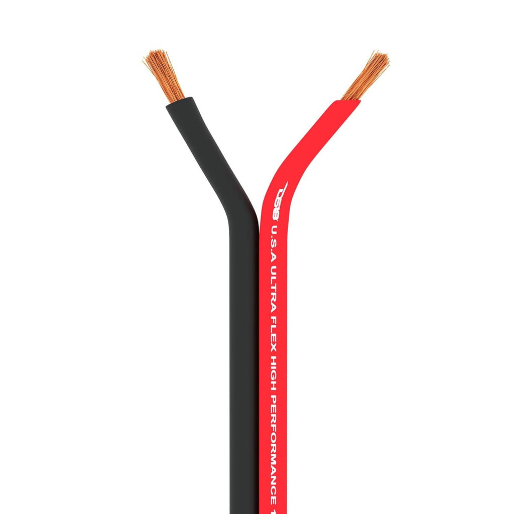 Red and black speaker wire with exposed copper ends, straight cable view
