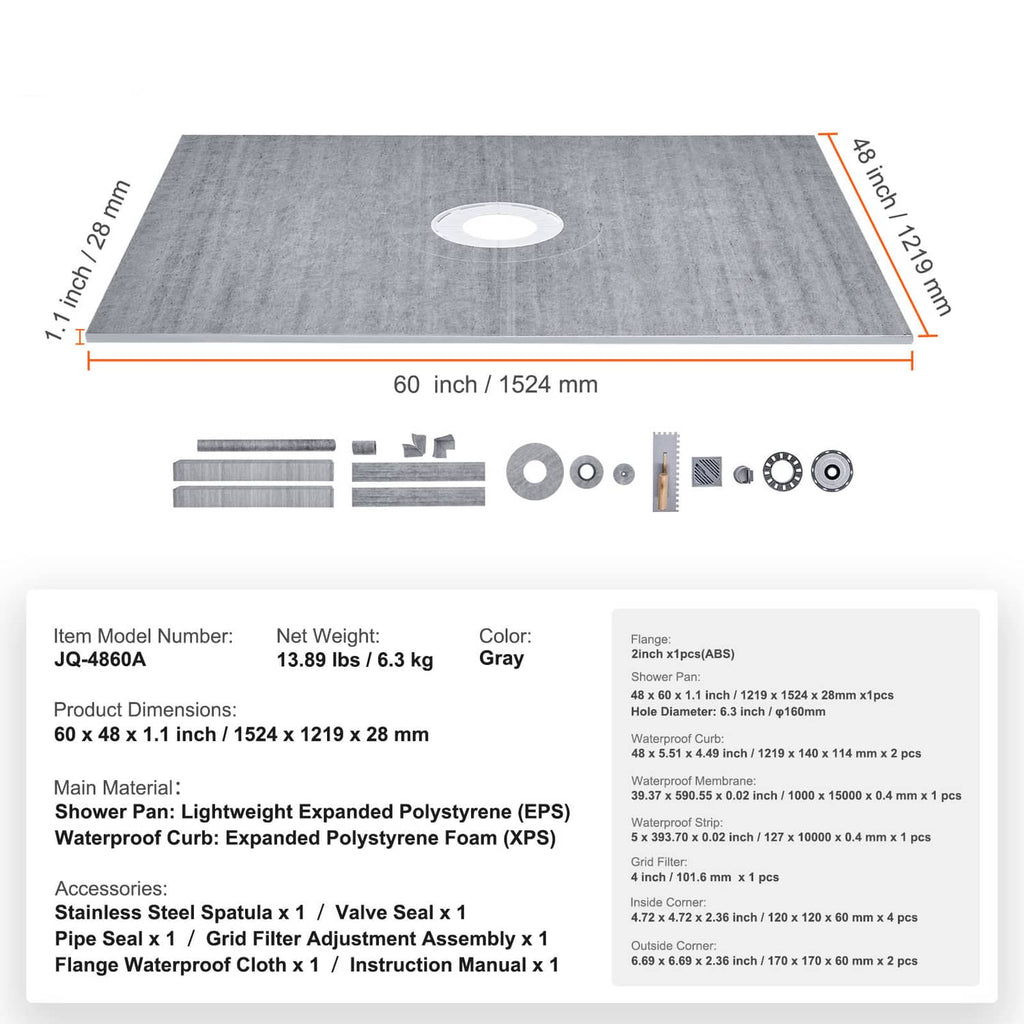Gray 60x48 shower curb pan kit with drain hole and included installation parts