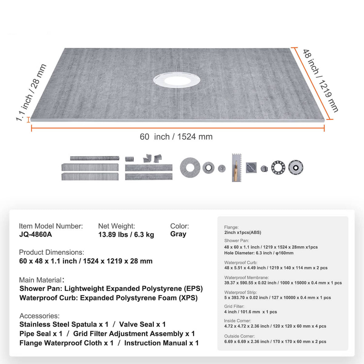 Gray 60x48 shower curb pan kit with drain hole and included installation parts