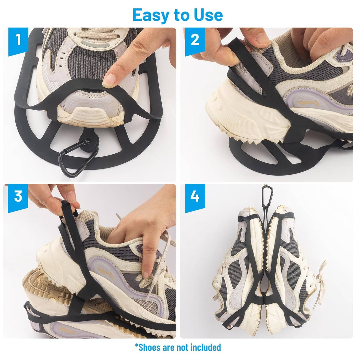 Backpack shoe holster with clip and hook-and-loop straps, shown holding sneakers