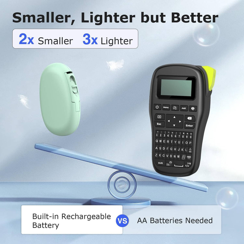 Mint-green portable label maker with keypad display and label tape roll side view