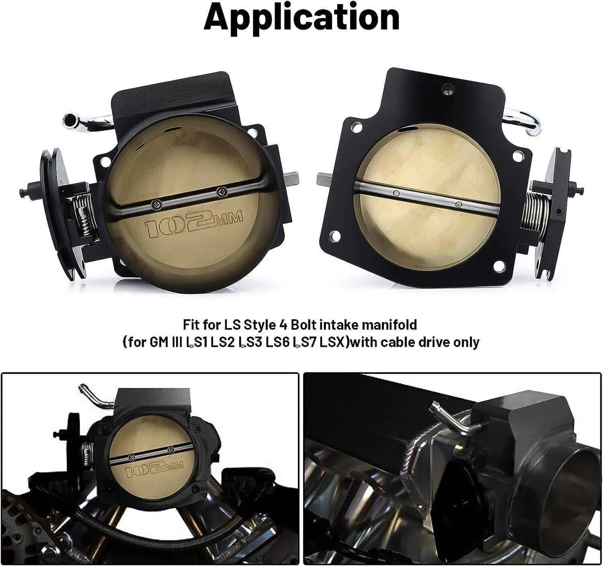 102mm throttle body assembly with position sensors, black housing and gold throttle bore