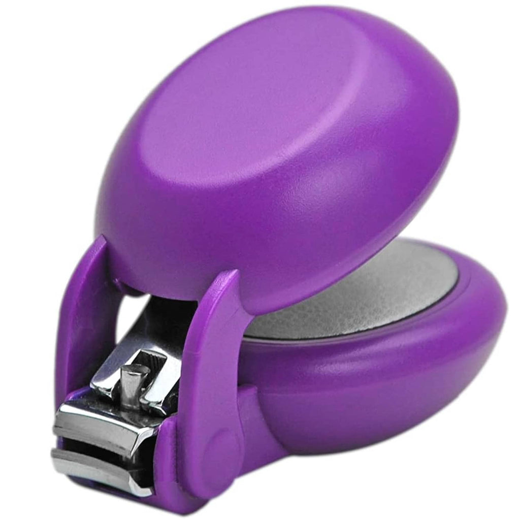 Purple nail clipper with metal cutter and cushioned finger pad