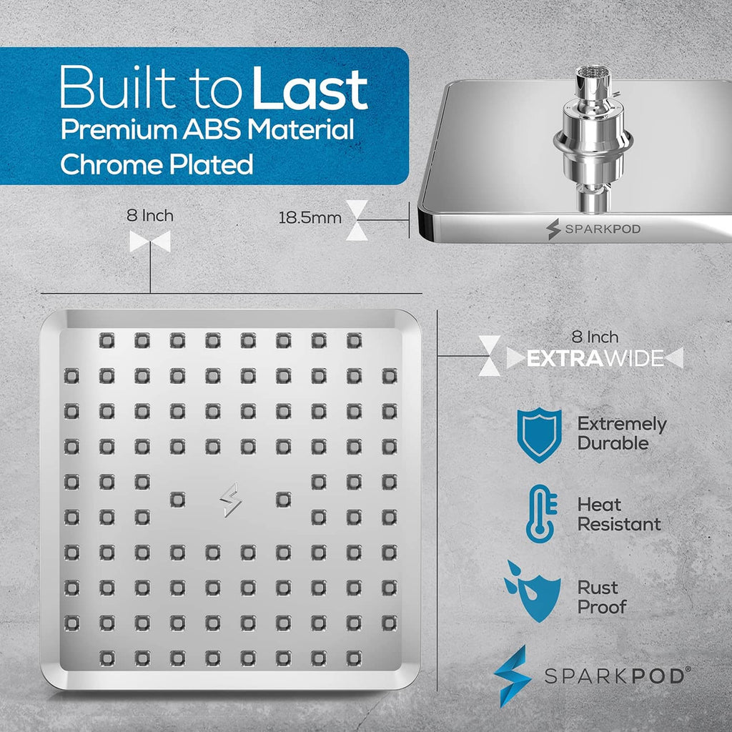 Square chrome rain shower head showing durable ABS face with heat and rust protection