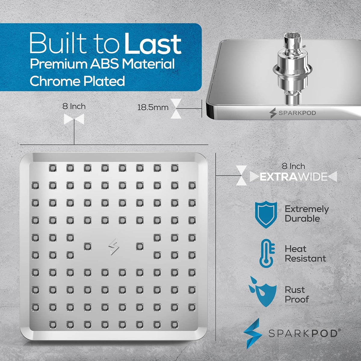 Square chrome rain shower head showing durable ABS face with heat and rust protection