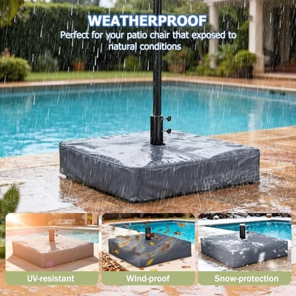 Grey umbrella base cover with water droplets and central pole opening on outdoor base