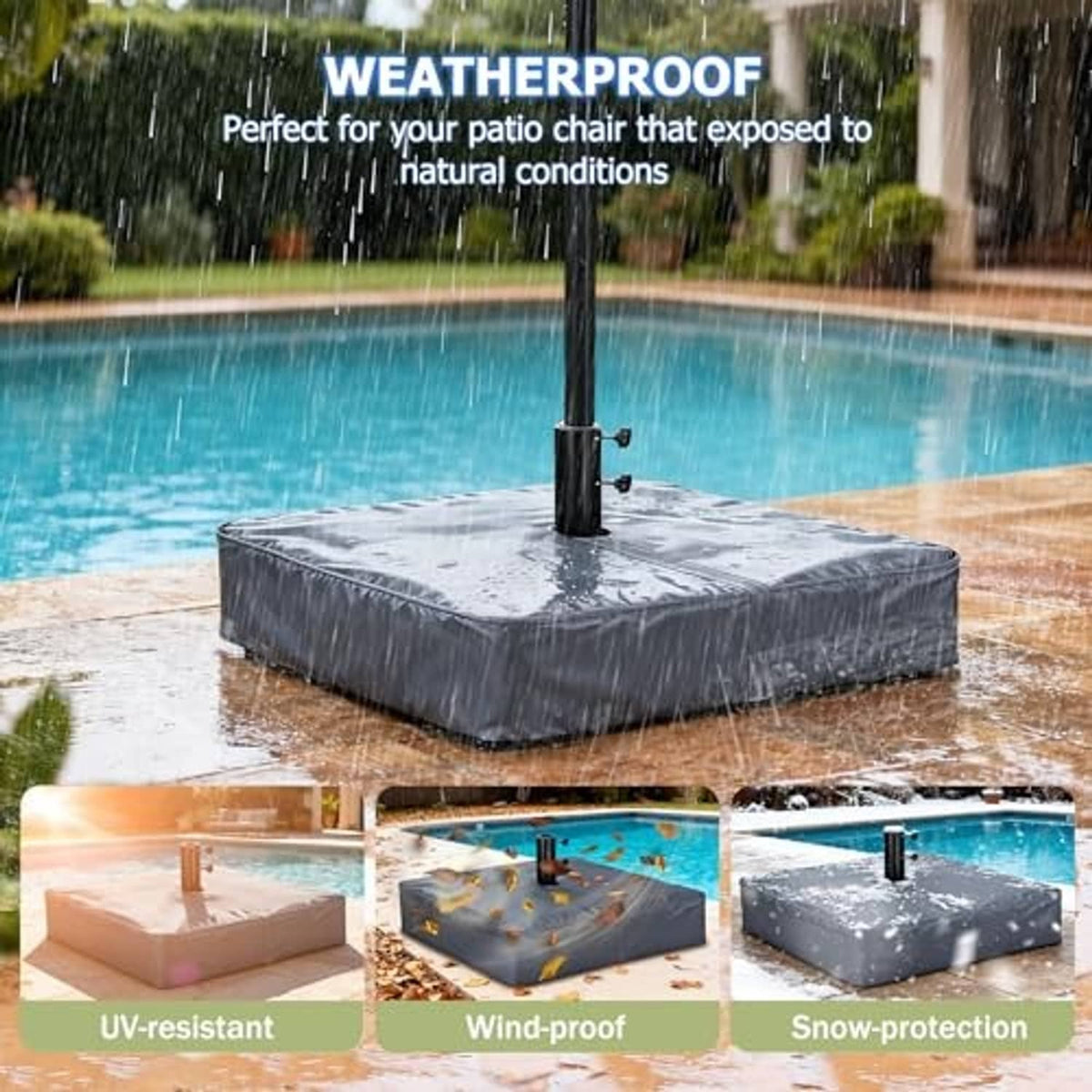 Grey umbrella base cover with water droplets and central pole opening on outdoor base