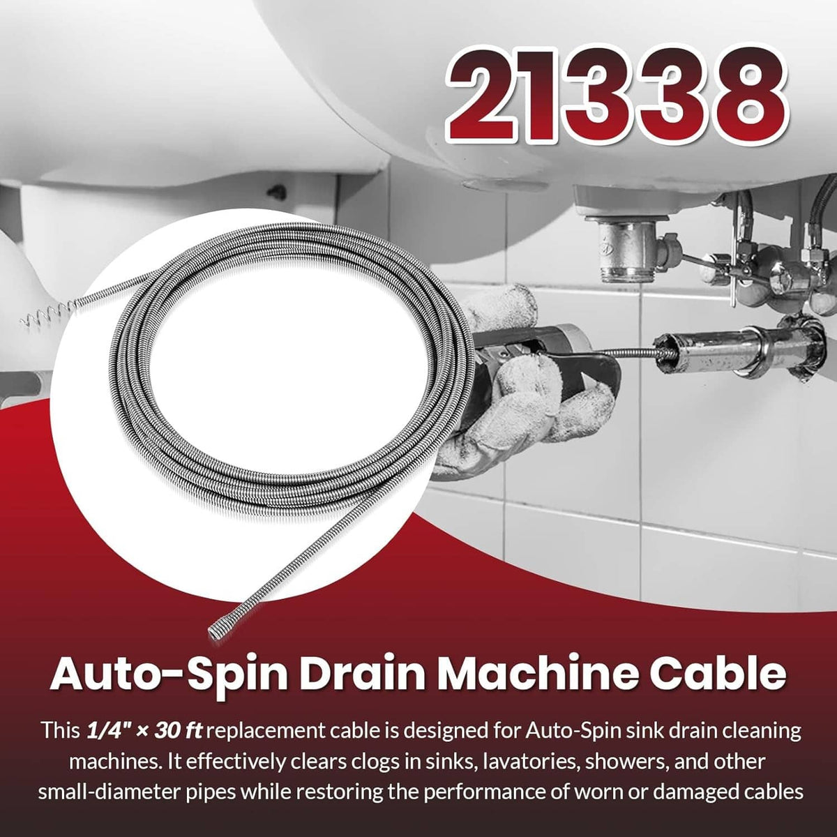 Auto-spin drain machine cable replacement, coiled stainless auger cable