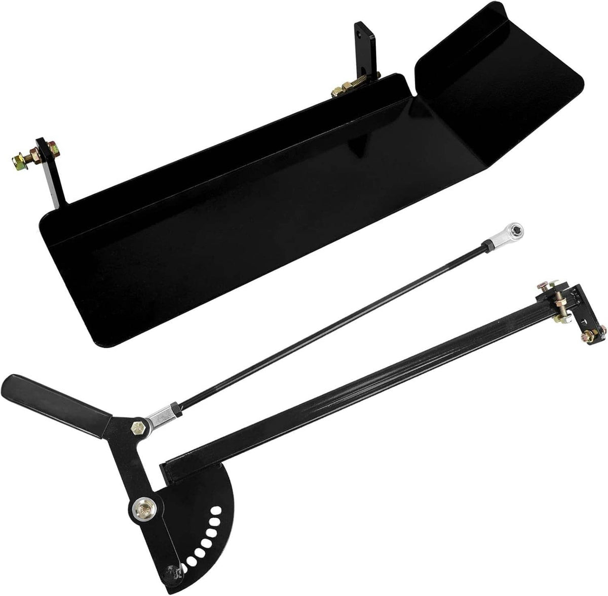 Black metal chute blocker with long discharge shield, mounting brackets, and support rod