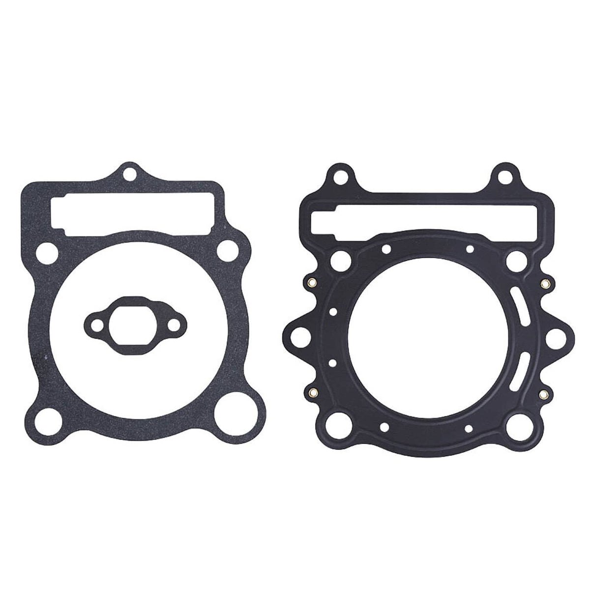 Top end gasket set with two dark rubber seal plates and cutout holes