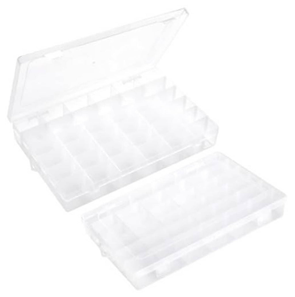 Clear plastic rectangular storage box with hinged lid and 36 grid compartments.