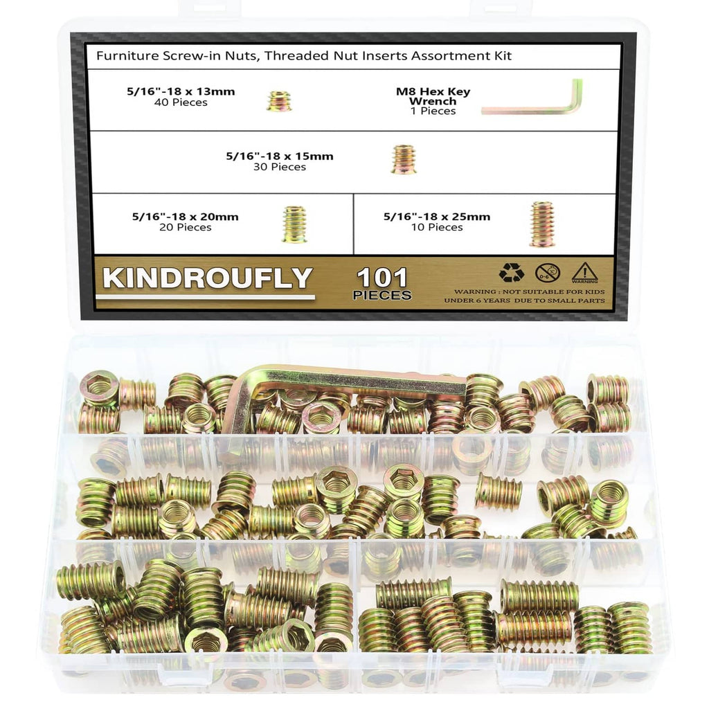 Zinc-plated steel threaded nut insert assortment kit in clear organizer with labeled box