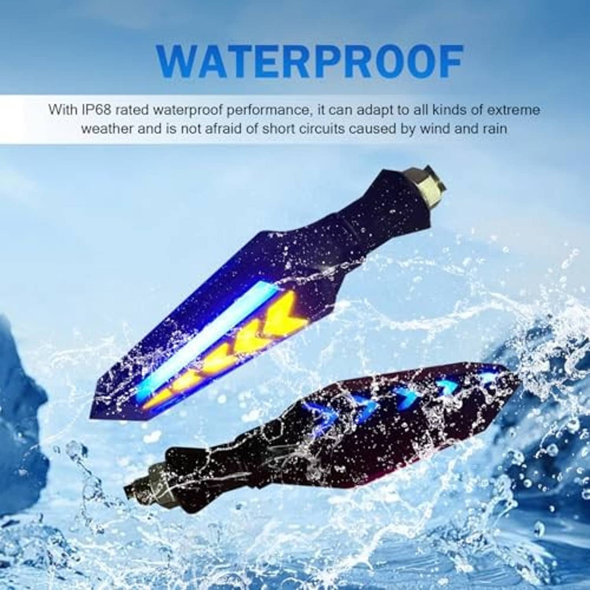Motorcycle LED turn indicator with black arrow housing and flowing blue and yellow light