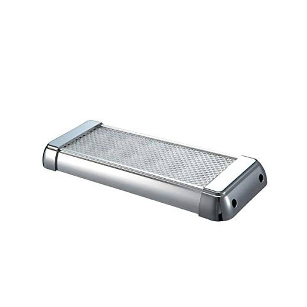 LED dome light fixture with silver edge, clear textured LED panel, rounded corner housings