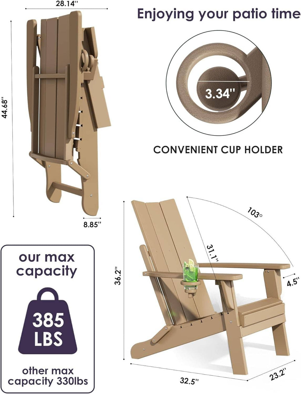 Tan folding Adirondack chair with side cup holder and slatted backrest