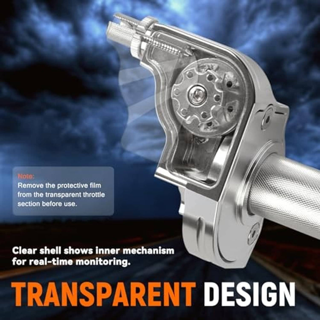 Silver mini bike throttle body with transparent cover showing internal mechanism