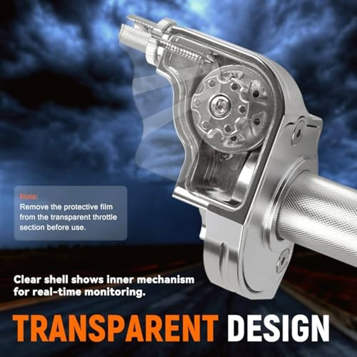 Silver mini bike throttle body with transparent cover showing internal mechanism