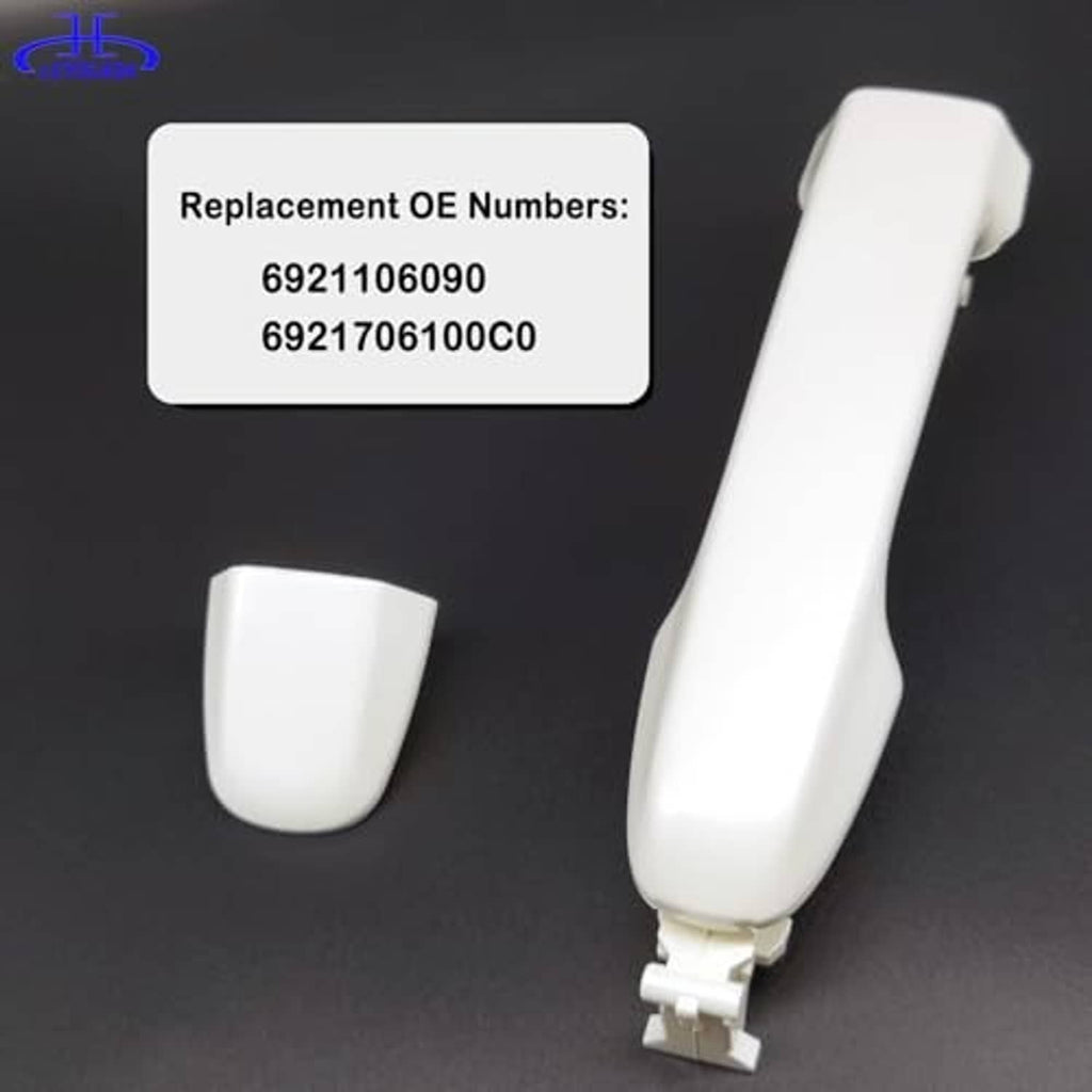 White exterior door handle with separate end cap and latch bracket