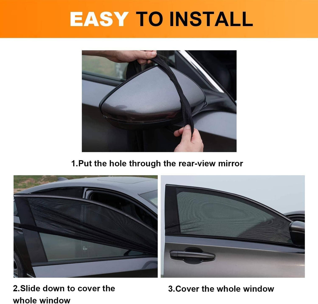 Hands installing a black side window shade along the door window