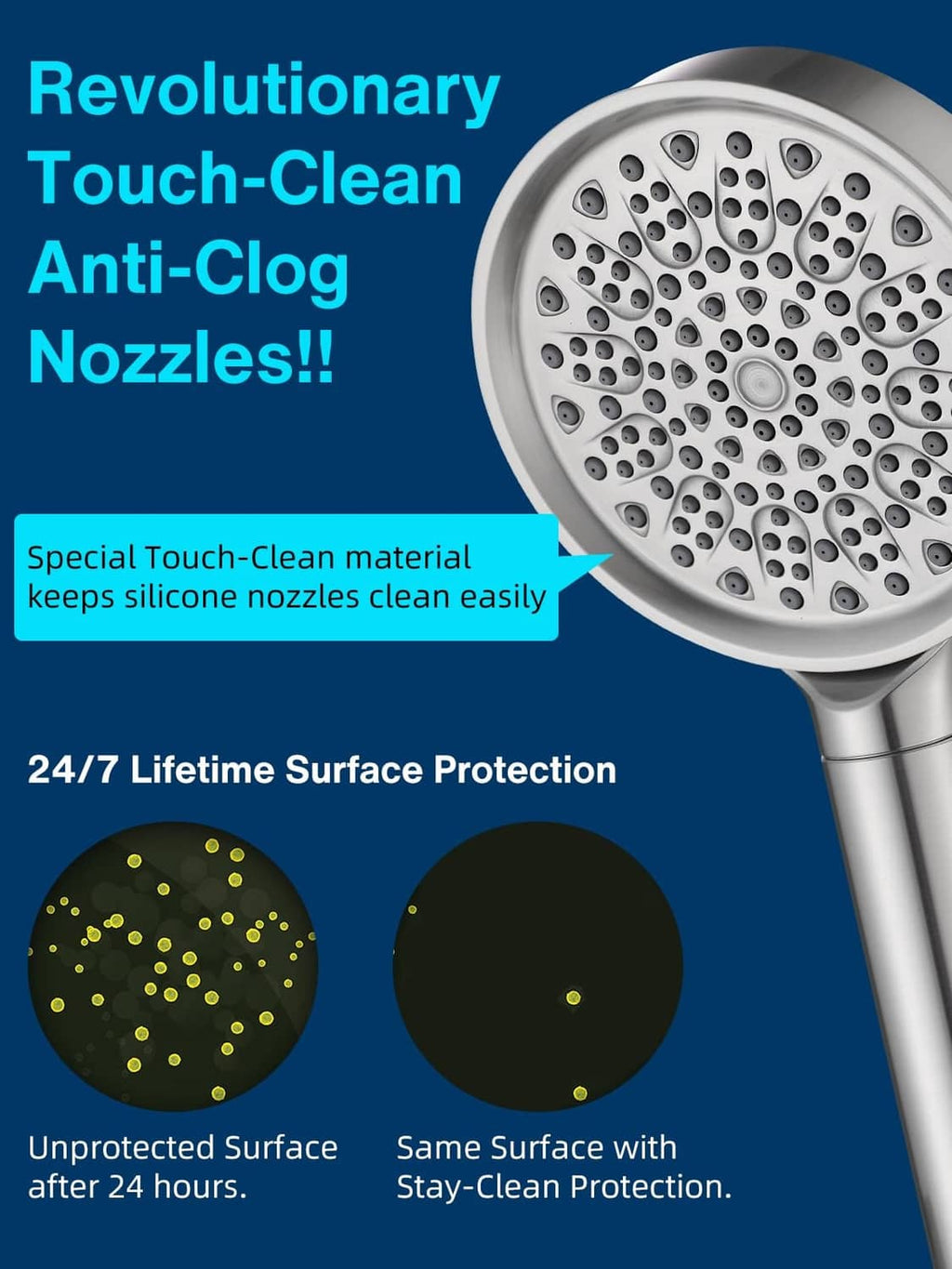 Brushed nickel shower head showing round anti-clog nozzle plate with multiple holes