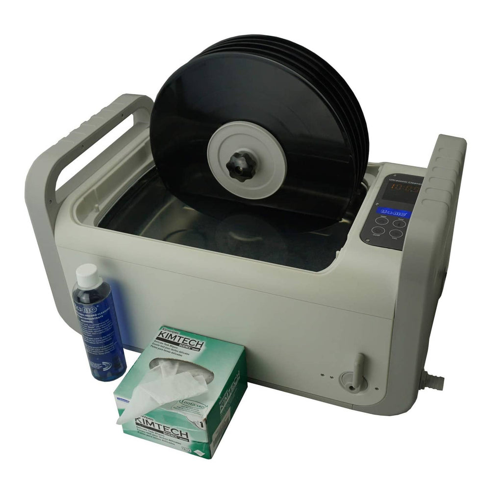 Ultrasonic vinyl record cleaning machine with open lid and front control buttons